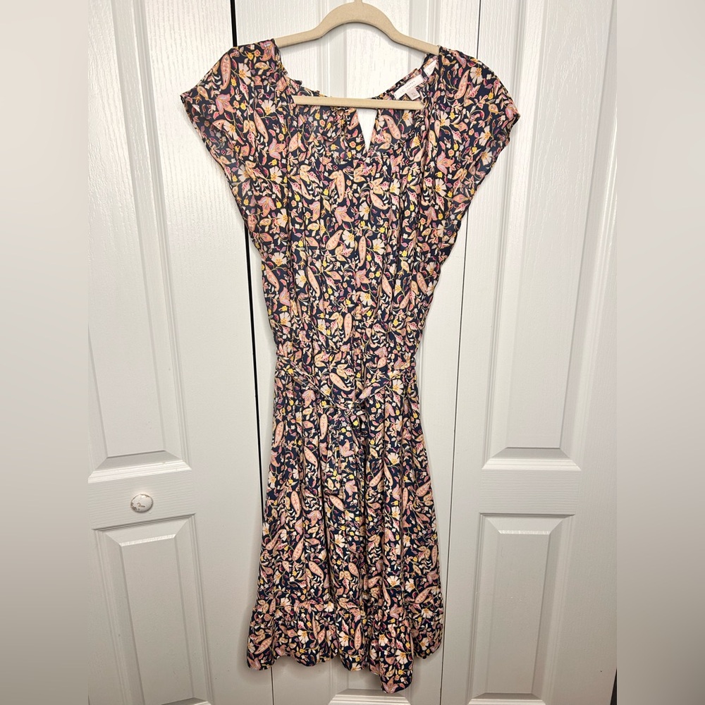 Lauren Conrad Women’s XL Floral Short Sleeve Midi Dress‎ Ruffle Hem Neckline